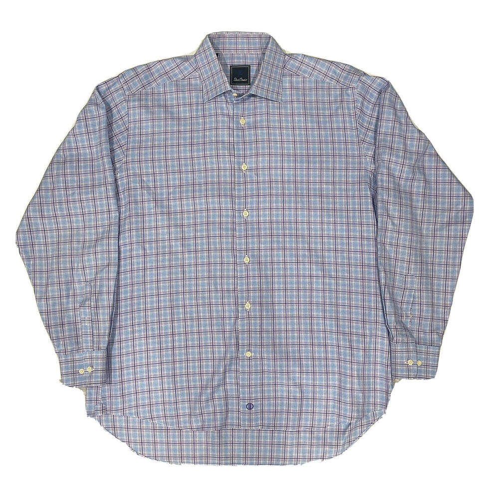 David Donahue Blue Windowpane Check Mens Dress Button Shirt Size 16 34/35